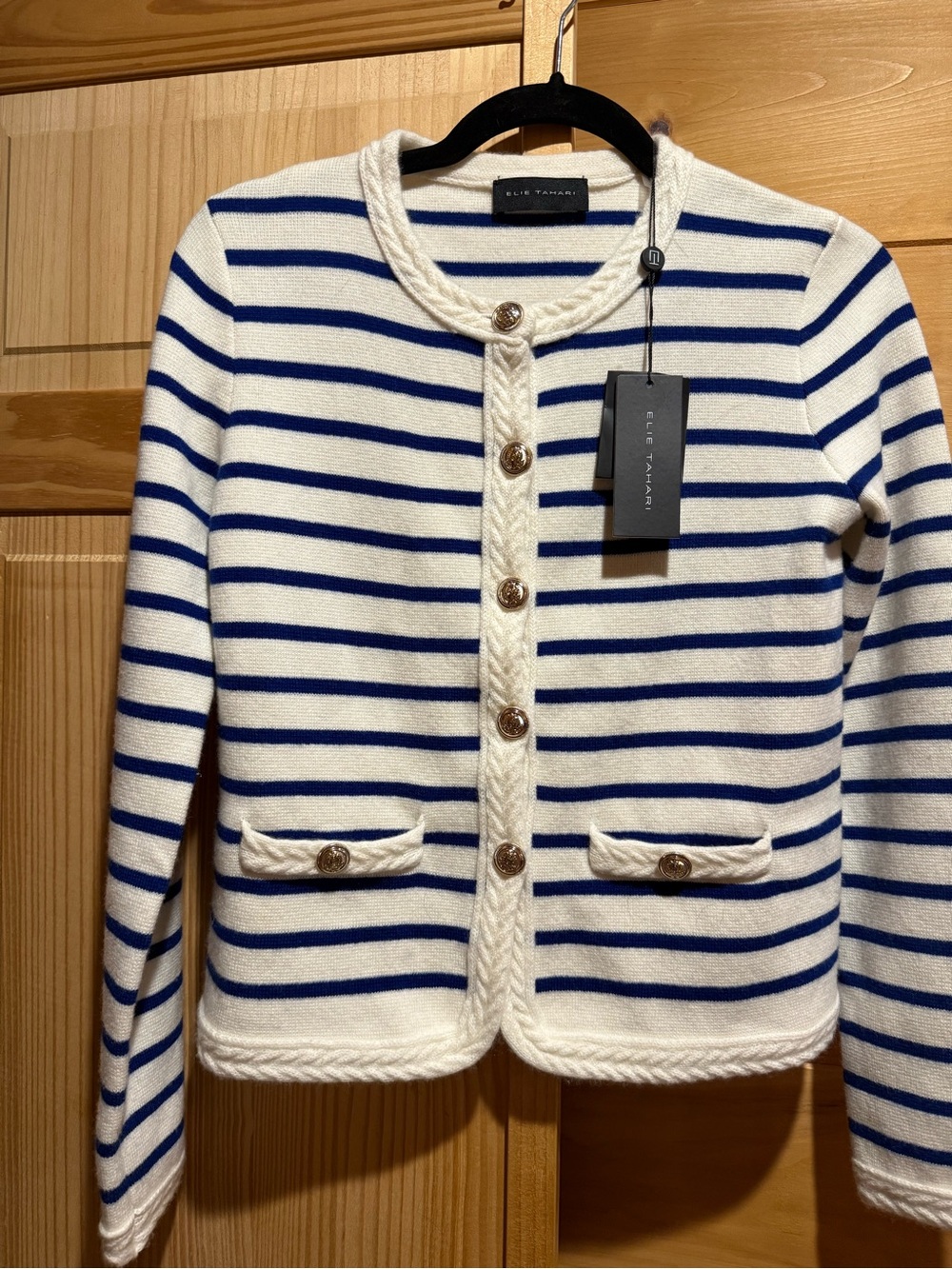 Elie Tahari Cream and Blue Striped Wool-Cashmere Knit. Wool and cashmere blend.